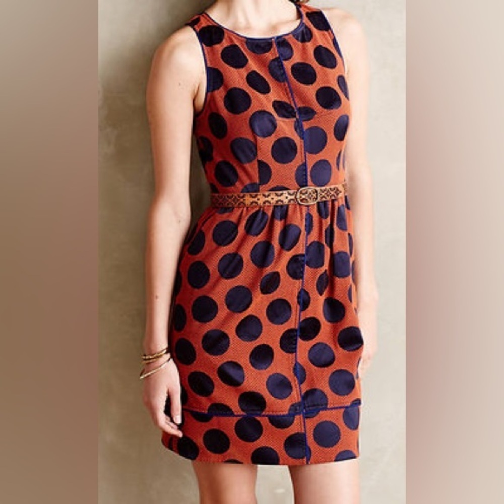 Anthropologie Maeve Rokin Rust Orange Royal Blue Cross Back Dress 10 - Lined - Picture 3 of 16